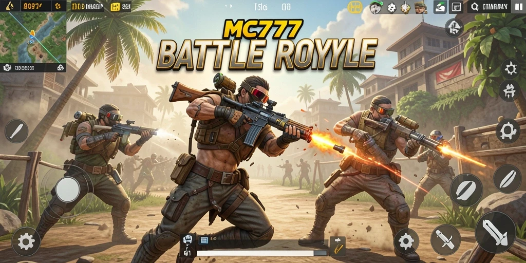 Screenshot gameplay MC777 menampilkan pertempuran seru dalam Battle Royale.