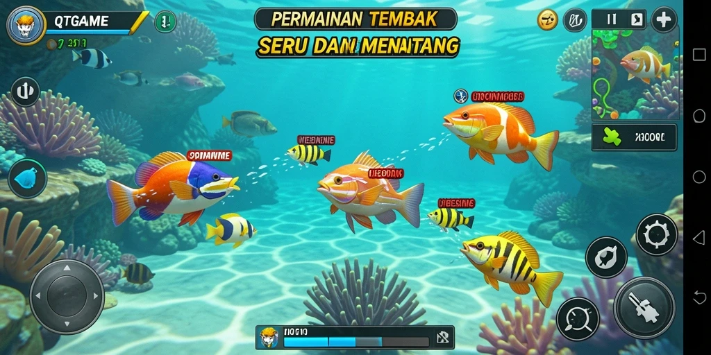 Tampilan gameplay QTGAME dengan aksi menembak ikan yang seru.